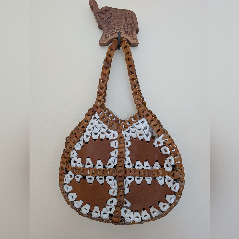 Vintage 70s Leather Chain Link Boho Bag Tan Brown + White